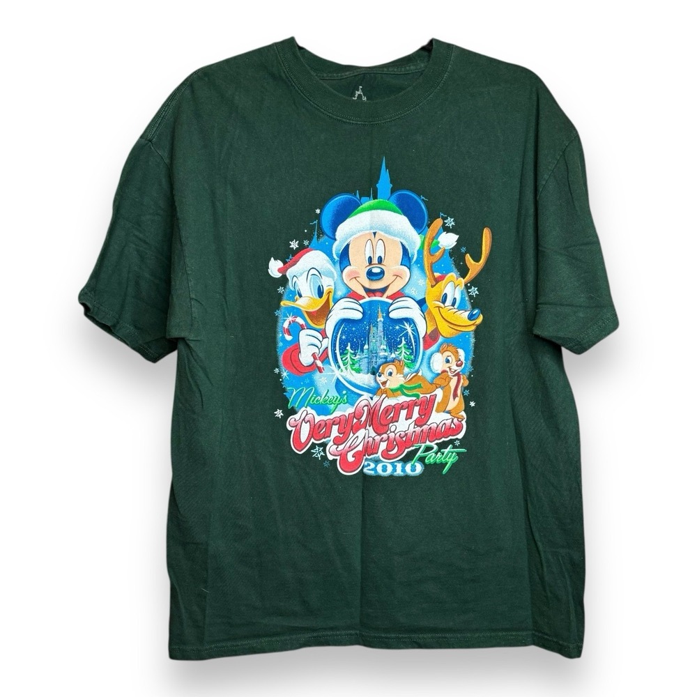 Disney‎ 2010 Christmas T Shirt Large Green Mickey's Very Merry Party Collectible